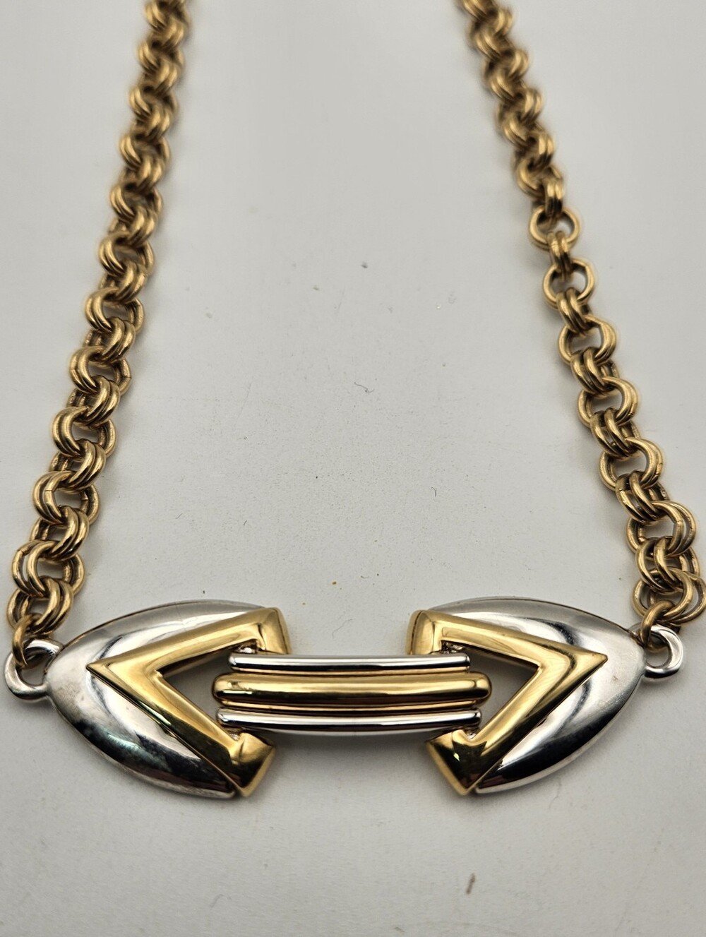 Vintage MONET Two Tone Gold Silver Geometric Center Focal Link Necklace - Picture 5 of 9